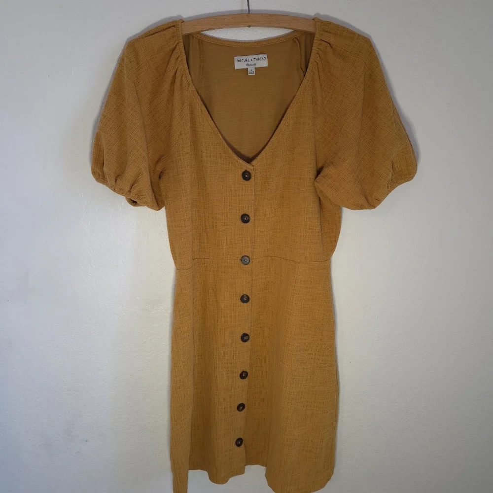 Madewell Texture & Thread Yellow Puff Sleeves Summer Midi Dress WomensSize Small - Picture 2 of 16